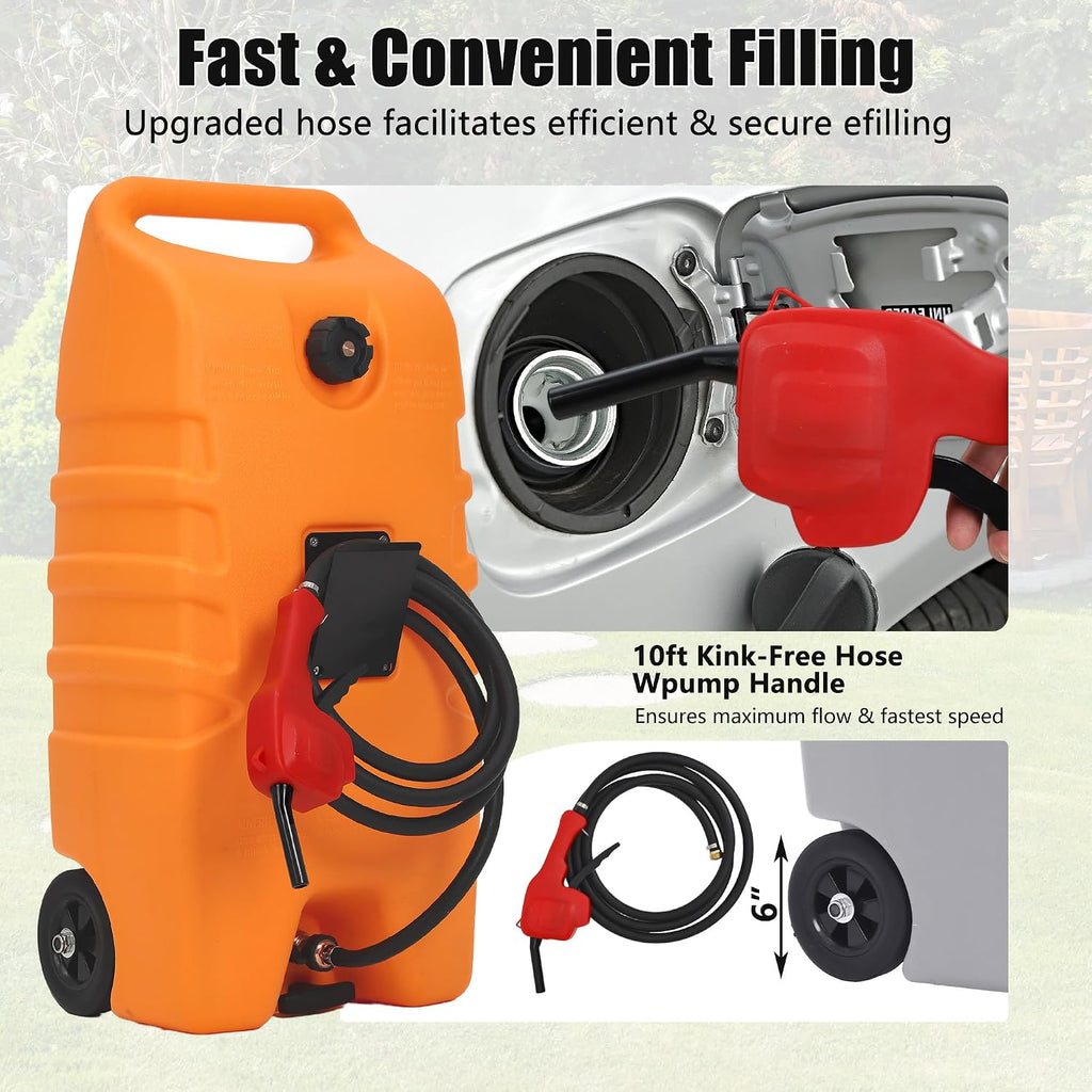 14 Gallon Fuel Tank, Portable Diesel Transfer Gas Can, Manual Transfer Nozzle, Fuel Container, Heavy-Duty Fuel Caddy for Car, ATV, Weeder, Boat, Orange