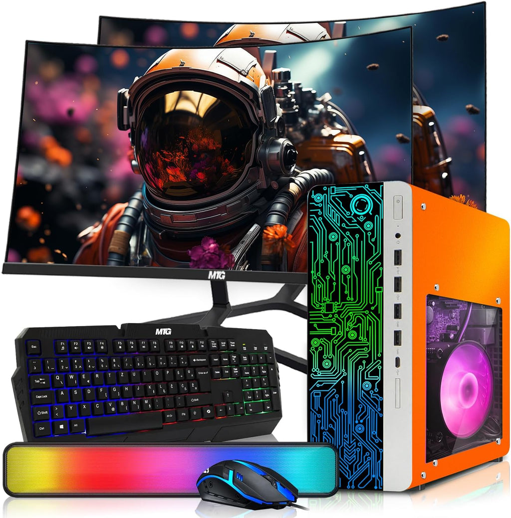 HP Desktop Computer PC Phoenix AMD A10-9700, 16GB RAM, 512GB SSD, Dual 24 Inch Curved Monitor, RGB KBM with AI Copilot, WiFi, RGB Soundbar, Windows 11 (Renewed)