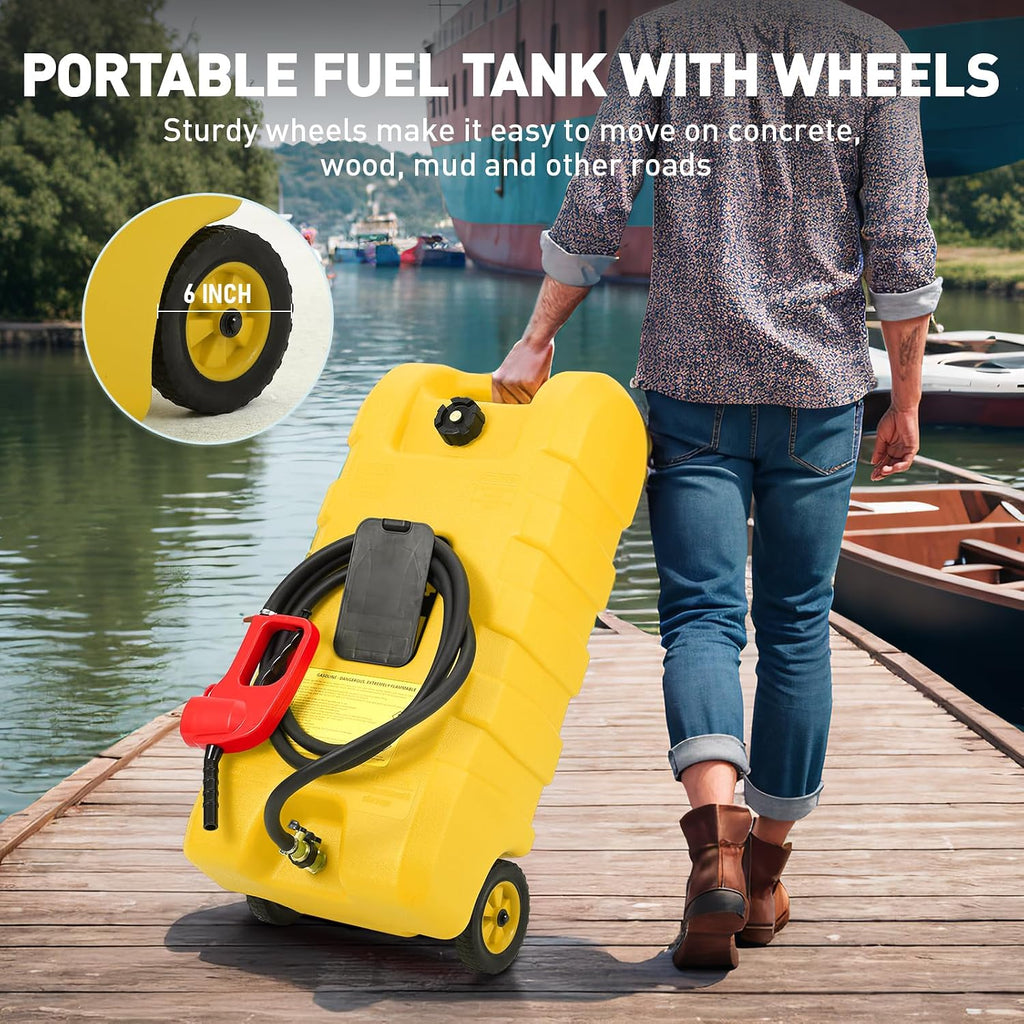 15 Gallon Fuel Tank, Gas Can Portable Container with LE Fluid Transfer Siphon Pump & 10ft Delivery Hose, Diesel Storage Caddy On-Wheels for Cars, Lawn Mowers, ATVs, Boats, etc. (Yellow)