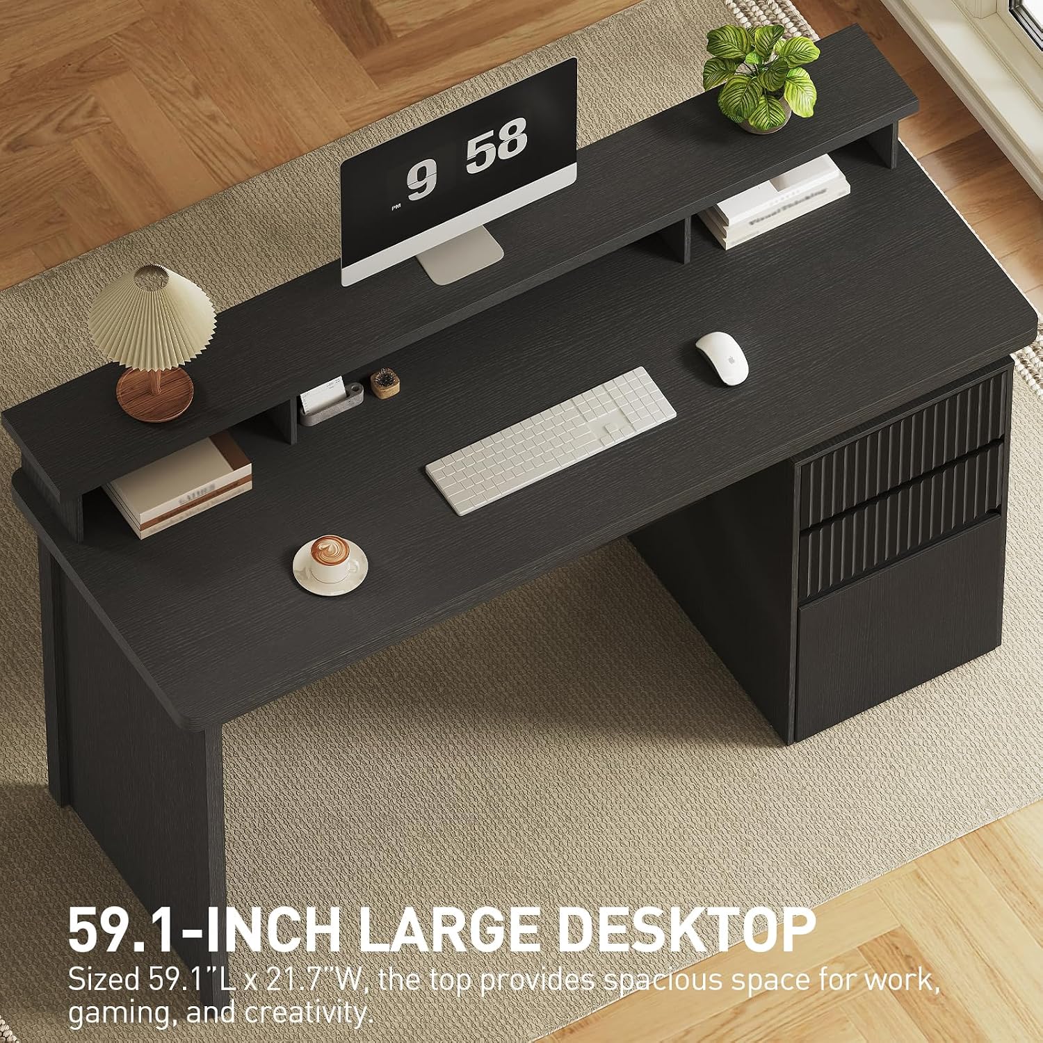 RALGEND 59' Executive Desk with Drawer, Fluted Computer Desk with File Drawer & Monitor Stand, Home Office Desk with Power Outlet, LED Light, Modern Fluted Computer Writing Desk with Storage, Black