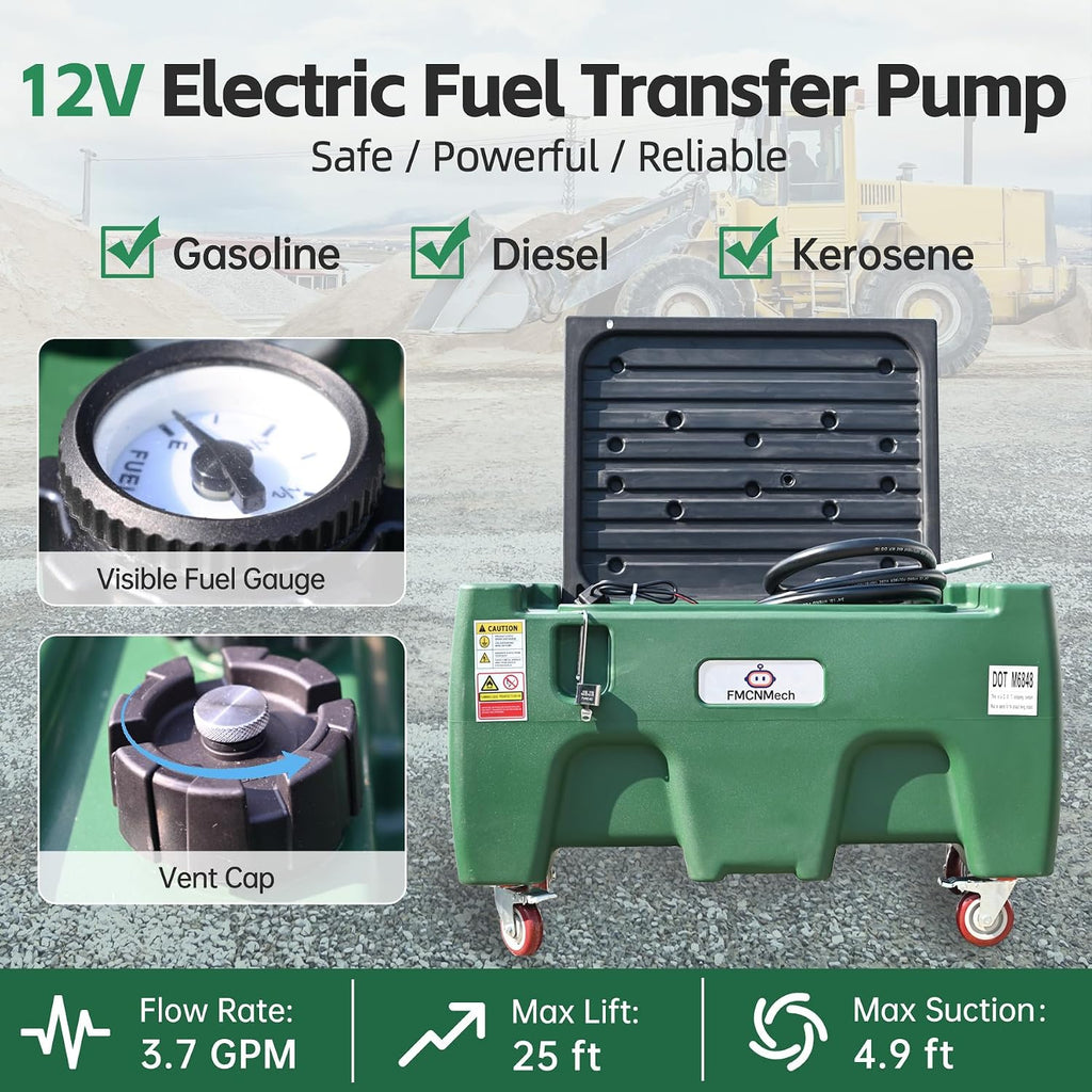 FMCNMech 40 Gallon Portable Fuel Transfer Tank with 12V Electric Pump, 3.7 GPM Flow Rate LLDPE Fuel Tank with Wheels, Gasoline Diesel Kerosene Fuel Storage Tank for Farm, Truck, Boat, and Construction Use