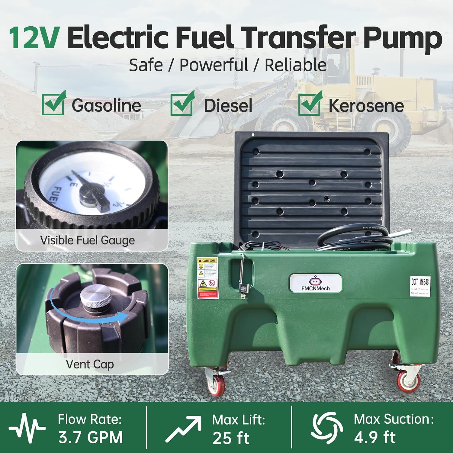 FMCNMech 40 Gallon Portable Fuel Transfer Tank with 12V Electric Pump, 3.7 GPM Flow Rate LLDPE Fuel Tank with Wheels, Gasoline Diesel Kerosene Fuel Storage Tank for Farm, Truck, Boat, and Construction Use