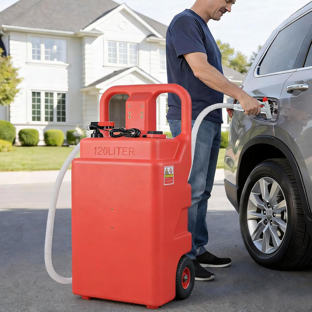 32 Gallon Fuel Caddy, Portable Gas Storage with Battery Powered Transfer Pump, Hose & 2 Wheels, Gasoline Diesel Fuel Container for Cars, ATVs, Boats, Lawn Mowers, Red