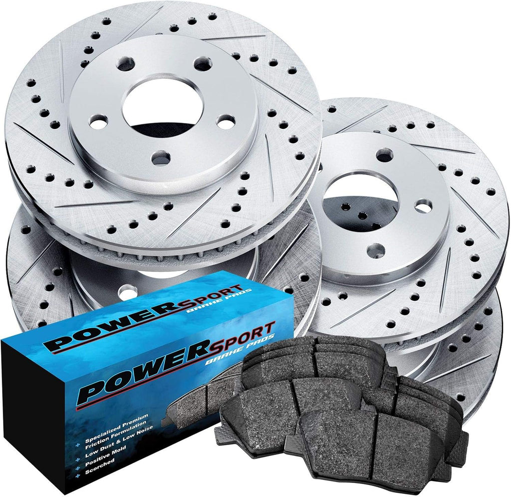 Power Sport Front and Rear Brake Kit For 2014-2019 Ford Fiesta| Drilled and Slotted Brake Rotors| Ceramic Brake Pads and Rotors Kit