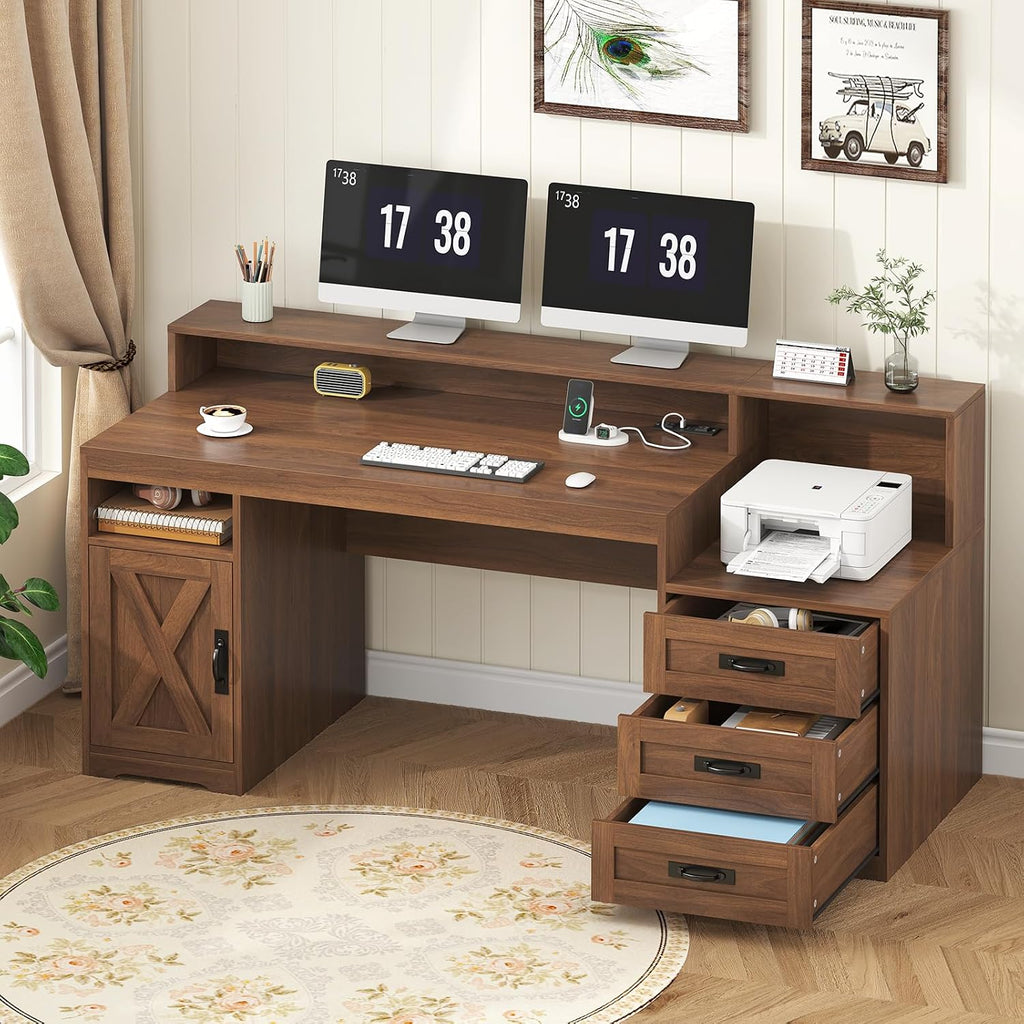 TVU Farmhouse Computer Desk with Drawers, 65'' Home Office Desk with Power Outlets, Storage Cabinet and Printer Stand, Study Writing Desks with Long Monitor Stand, Brown