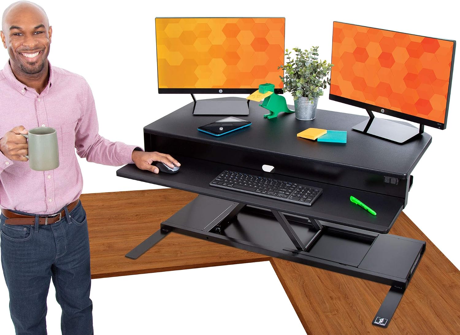 Flexpro Power 40 Inch Electric Corner Desk Converter for Cubicles and L-Shaped Desks with Quiet Height Adjustments, Large Dual Level Sit to Stand Computer Workspace (Black, 44in x 32in)