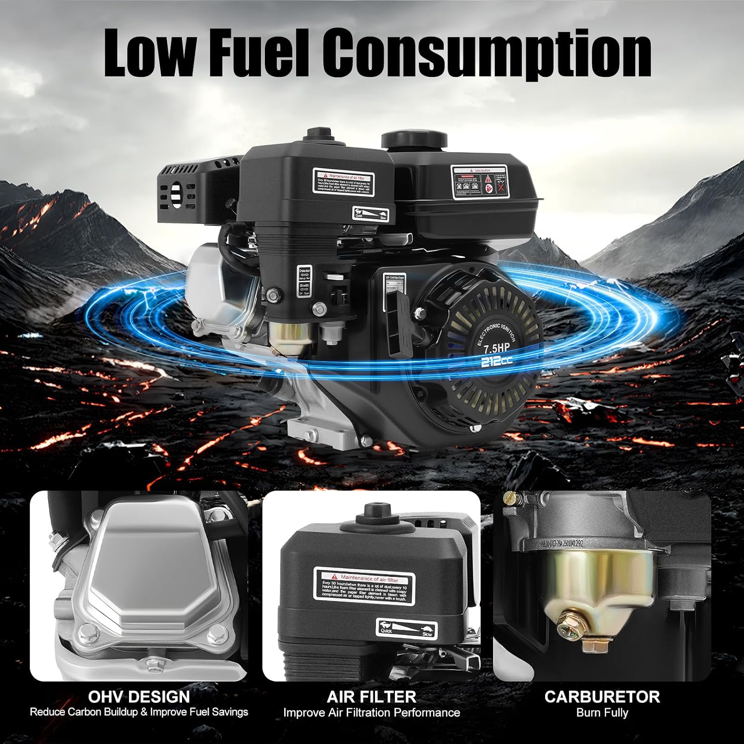 212cc 4-Stroke Gas Engine Motor for Honda GX160, 7.5HP Gasoline Motor Engine Horizontal Shaft, Go Kart Pull Start Gas Powered Engine with Air Cooling System for Honda Karts, Lawnmowers