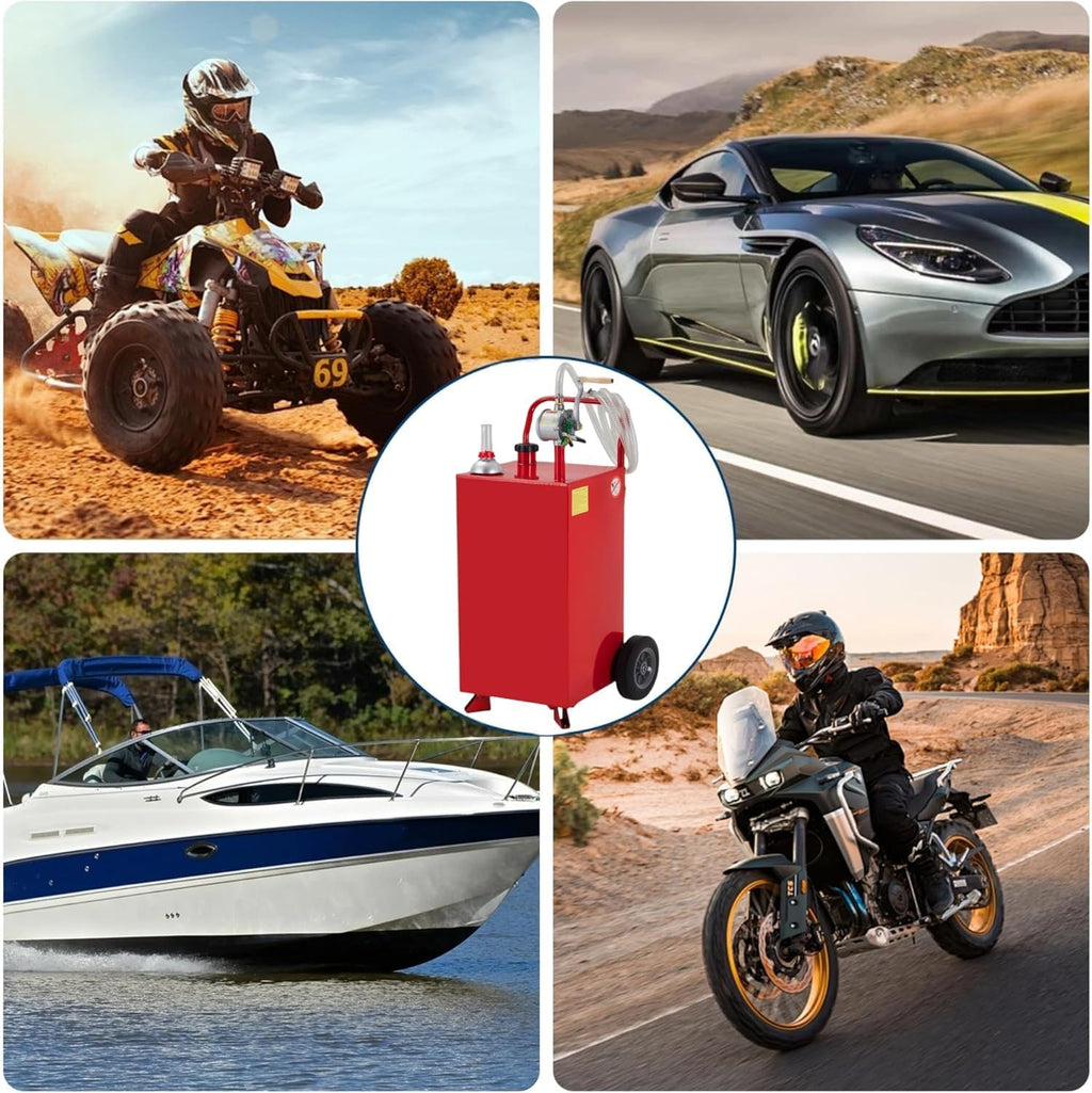 40 Gallon Fuel Caddy, Portable Gas Can with Manual Pump, Fuel Storage Tank for Gasoline & Diesel, Steel Gas Caddy on 2 Wheels, for Cars, Lawn Mowers, ATVs, Boats, Red