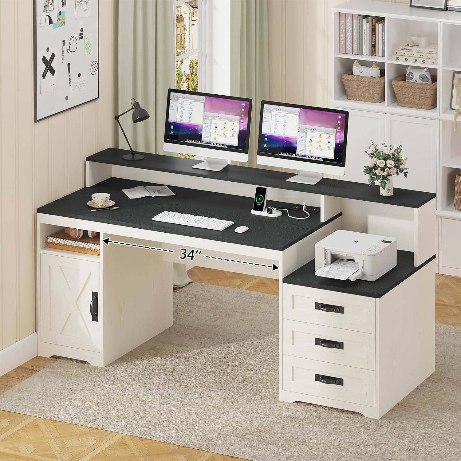 TVU Farmhouse Computer Desk with Drawers, 65'' Home Office Desk with Power Outlets, Storage Cabinet and Printer Stand, Study Writing Desks with Long Monitor Stand, Black and White