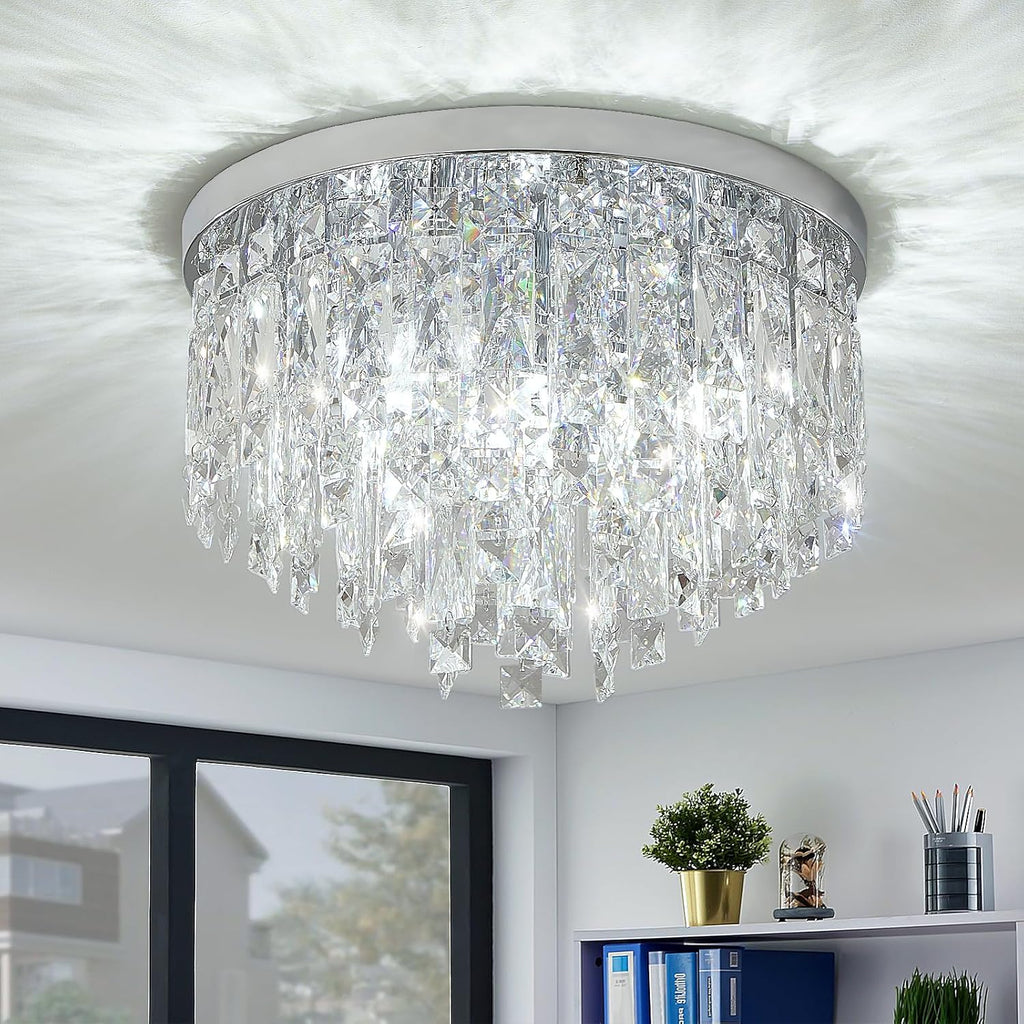 YMP&YZX Modern Chrome Ceiling Crystal Chandeliers,Diameter 15.7inch Semi Fulsh Mounted Chandelier Light Fixtures for Living Dining Room Bedroom Crystal Ceiling Fixture 5-Light