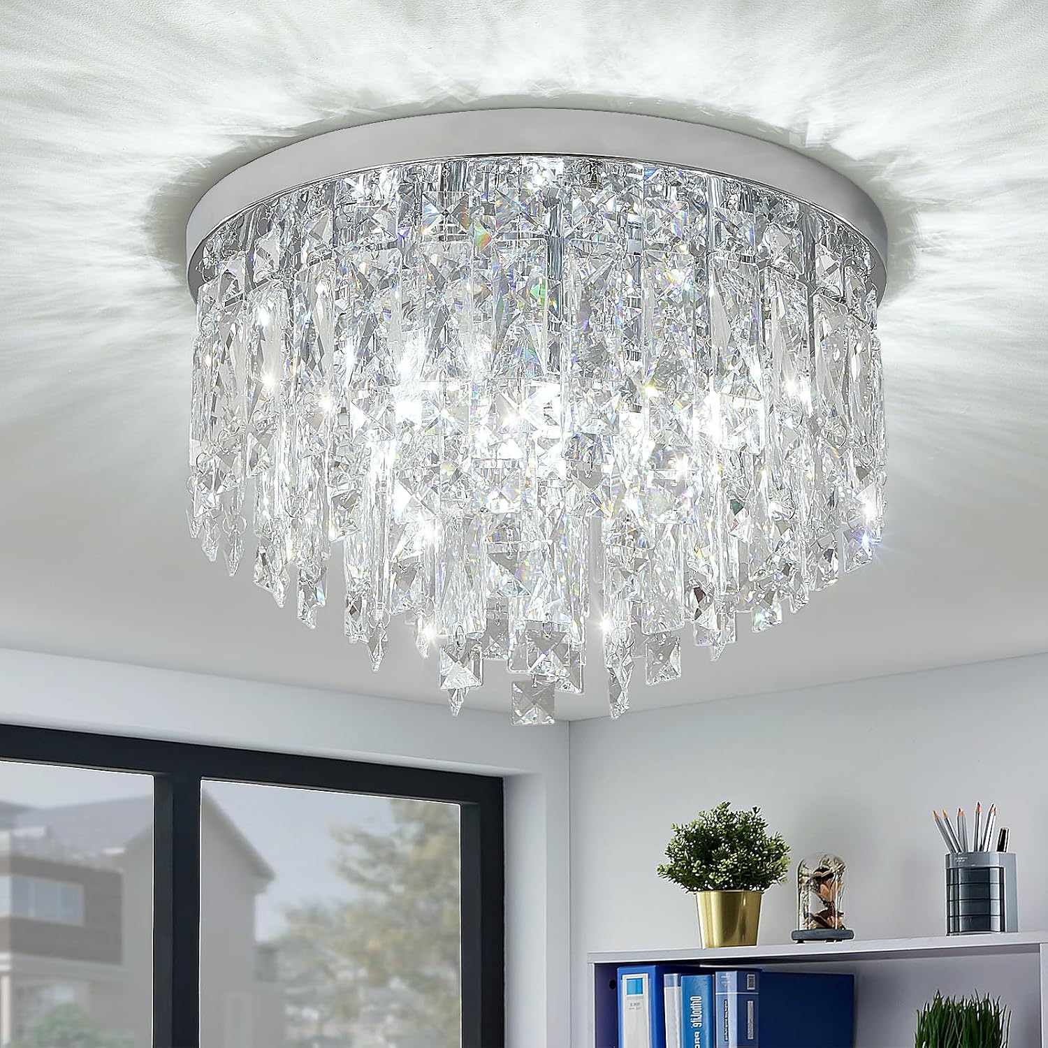 YMP&YZX Modern Chrome Ceiling Crystal Chandeliers,Diameter 15.7inch Semi Fulsh Mounted Chandelier Light Fixtures for Living Dining Room Bedroom Crystal Ceiling Fixture 5-Light