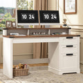 Vabches 55' Farmhouse Executive Desk with 3 Drawers, Wooden Computer Desk Home Office Desk with File Drawer (Fits A4 Size) for Work and Study, White Brown
