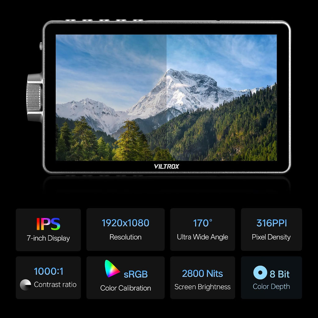VILTROX DC-A1 Camera Monitor, 7inch 2800nits Ultra Bright Touchscreen Field Monitor with Full HD 1920x1080, HDMI 2.0 in/Out, Custom LUT, Histogram, Waveform, Sunshade, for Video Shooting