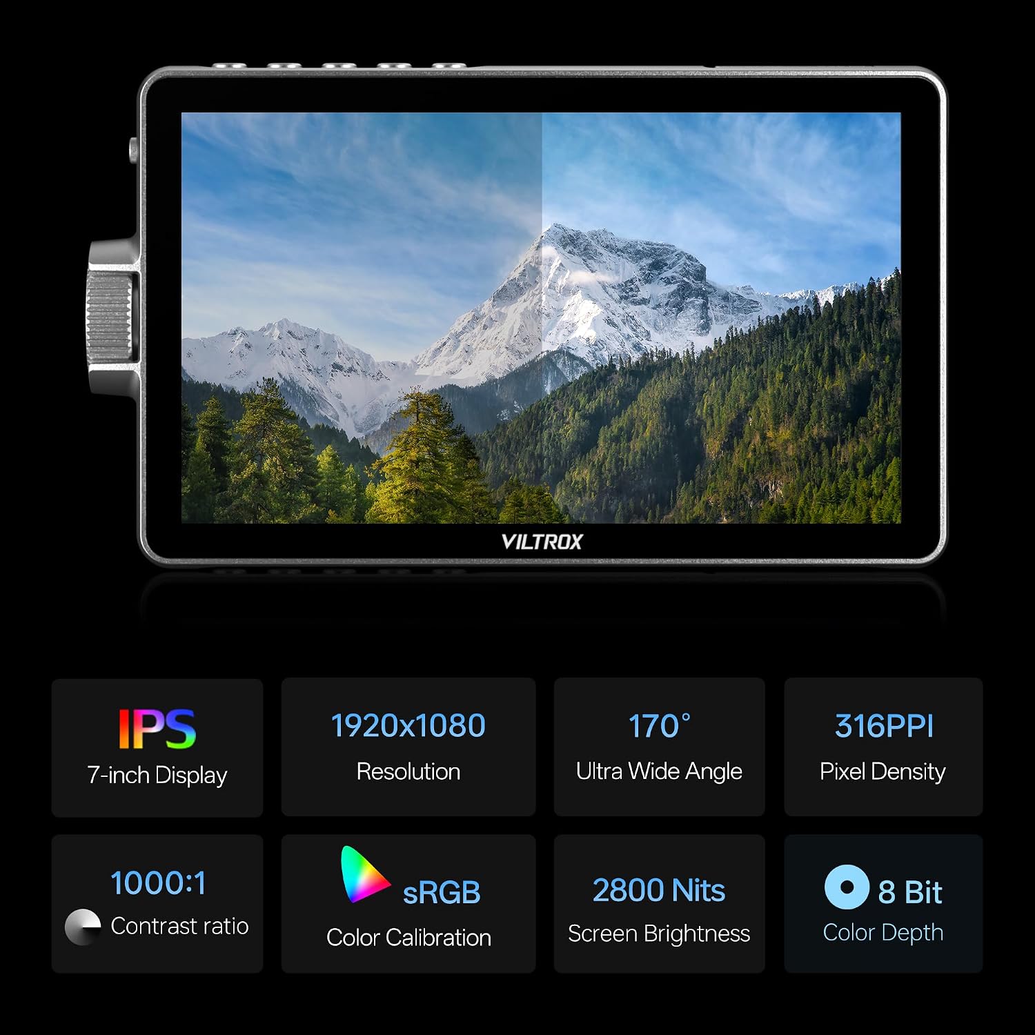 VILTROX DC-A1 Camera Monitor, 7inch 2800nits Ultra Bright Touchscreen Field Monitor with Full HD 1920x1080, HDMI 2.0 in/Out, Custom LUT, Histogram, Waveform, Sunshade, for Video Shooting