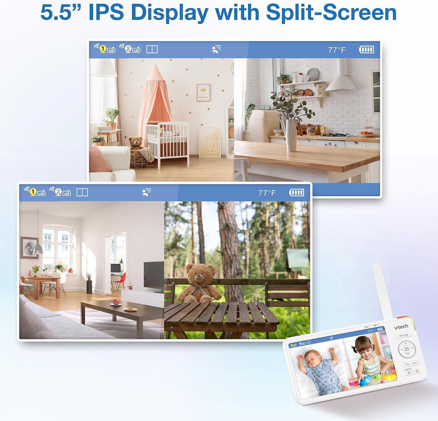 VTech Baby Monitor with 2 Cameras No WiFi & 5.5' IPS Split Screen, Remote Pan Tilt Zoom – 13Hr Video Battery, 1000ft Range, Night Vision, Night Light, Two-Way Talk | Advanced HD Plus Twin