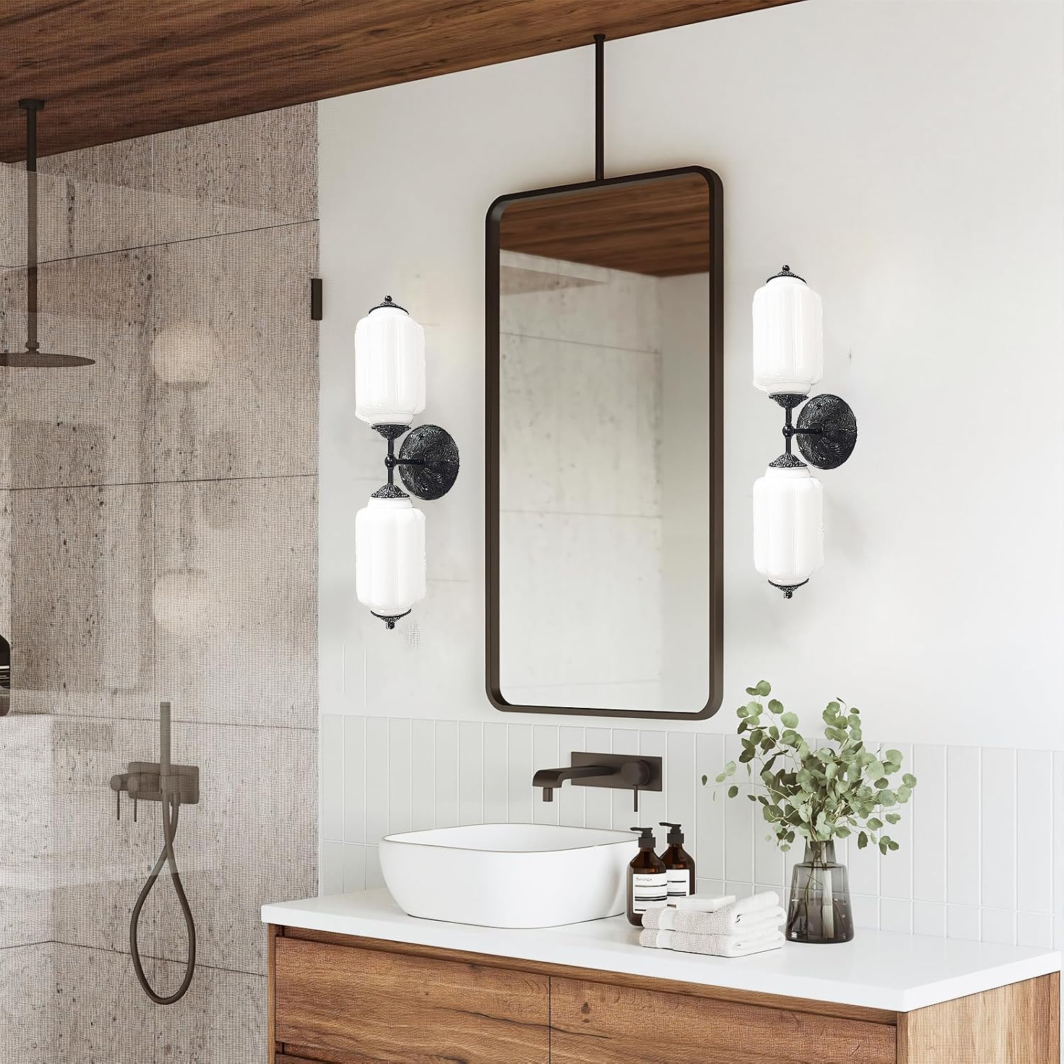 Vintage Milk Glass Bathroom Vanity Light - 2-Light Wall Sconce with Brass Finish Base & Green Glass Shade - Wall Sconce Lighting for Mirror, Kitchen, Living Room, Gallery (Bulbs Included) (white)