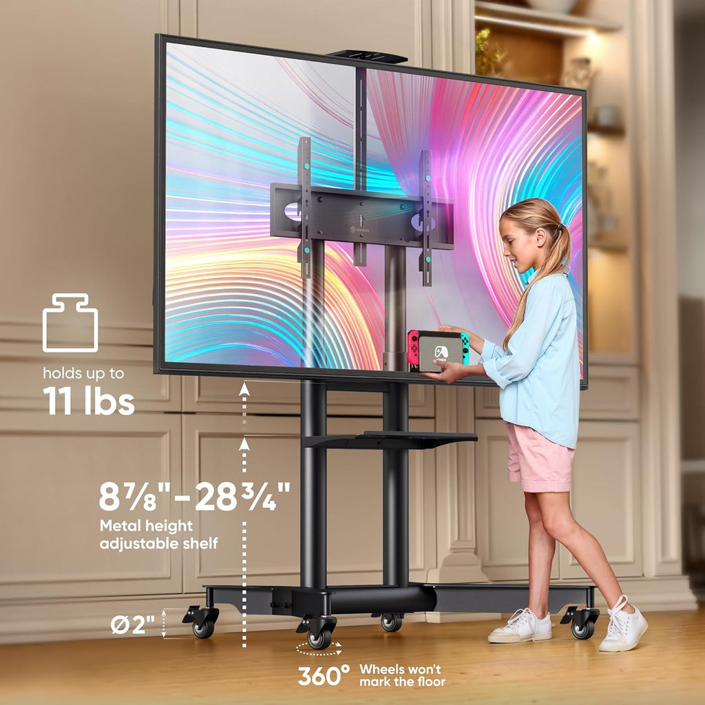 ONKRON Mobile TV Stand on Wheels for 32-75 Inch Screen, max Load 132 lbs, Height Adjustable TV Portable Stand, VESA 200x200-600x400, TV Cart Rolling TV Stand with Wheels and Shelf Black