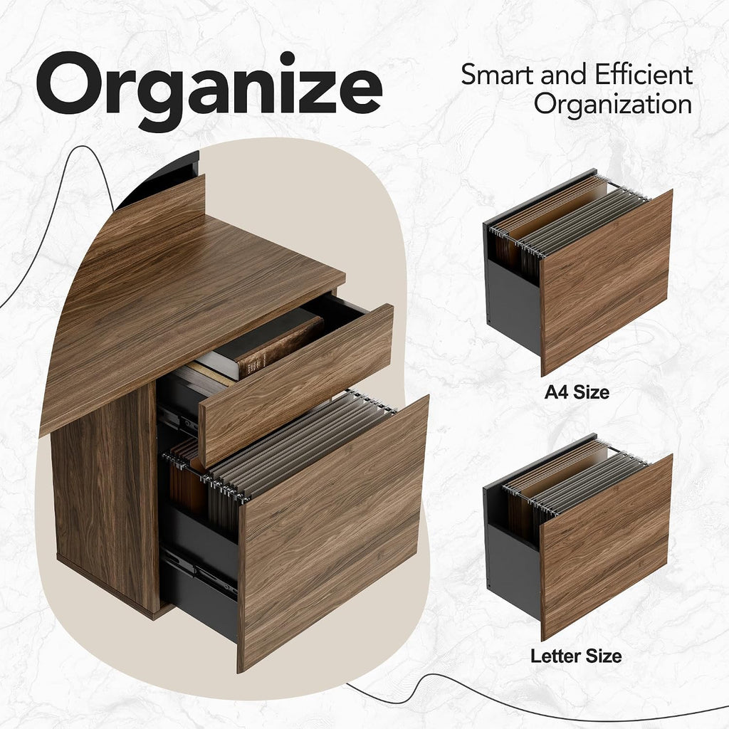 HUANUO Standing Desk with Drawers and File Cabinet, 47 Inch Electric Height Adjustable Desk with Storage, Ergonomic Stand Up Table Compatible with Monitor Stand, Black Walnut