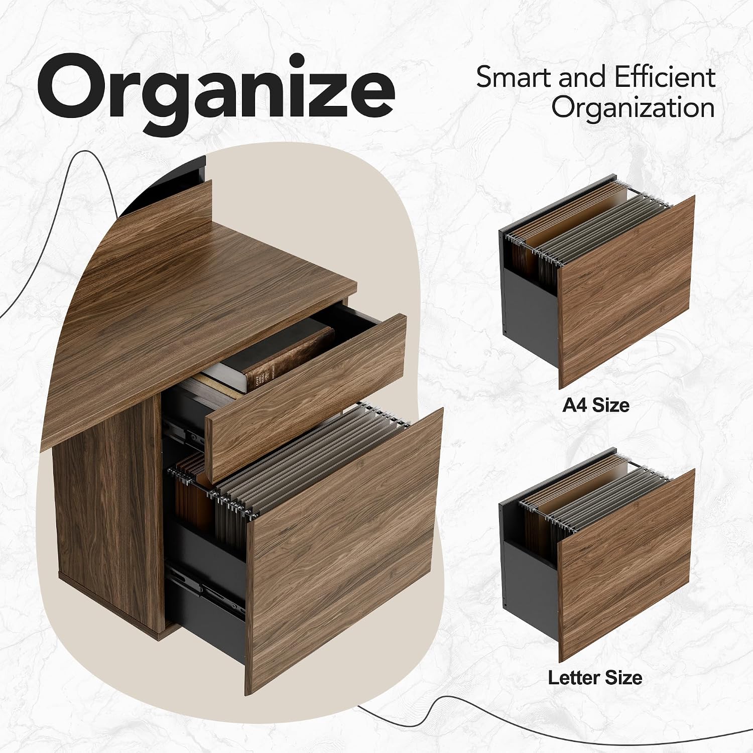 HUANUO Standing Desk with Drawers and File Cabinet, 47 Inch Electric Height Adjustable Desk with Storage, Ergonomic Stand Up Table Compatible with Monitor Stand, Black Walnut