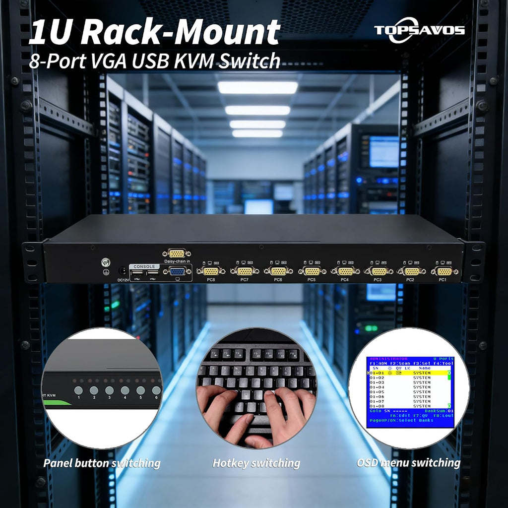 8-Port VGA 1U Rack Mount KVM Switch, 8 x VGA Cables Included, Up to 2048 x 1536 Resolution with DDC2B, 8 in 1 Out, Hotkey Button OSD Switching for Windows,Linux,Unix,Solaris (Sun), Redhat,Ubuntu