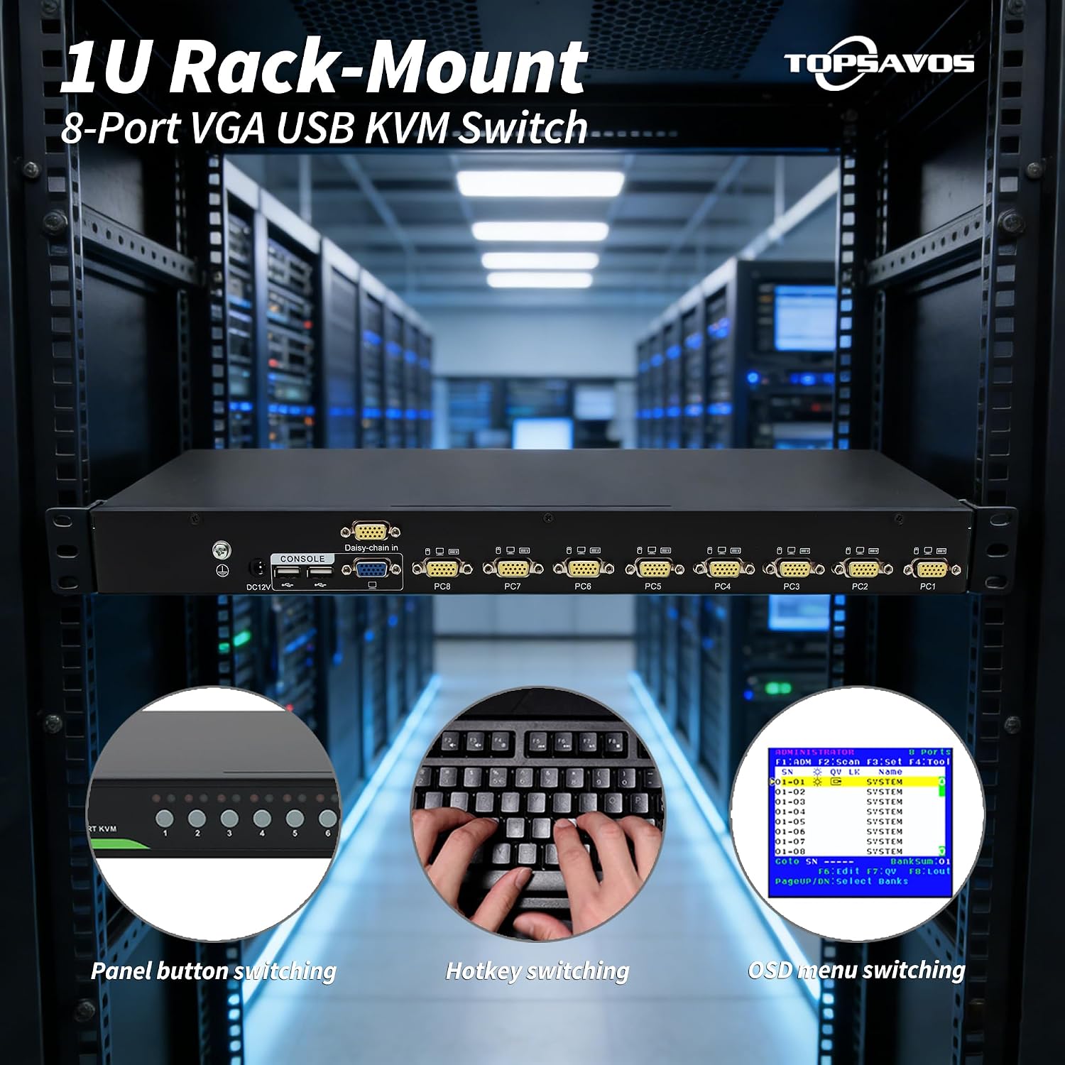 8-Port VGA 1U Rack Mount KVM Switch, 8 x VGA Cables Included, Up to 2048 x 1536 Resolution with DDC2B, 8 in 1 Out, Hotkey Button OSD Switching for Windows,Linux,Unix,Solaris (Sun), Redhat,Ubuntu