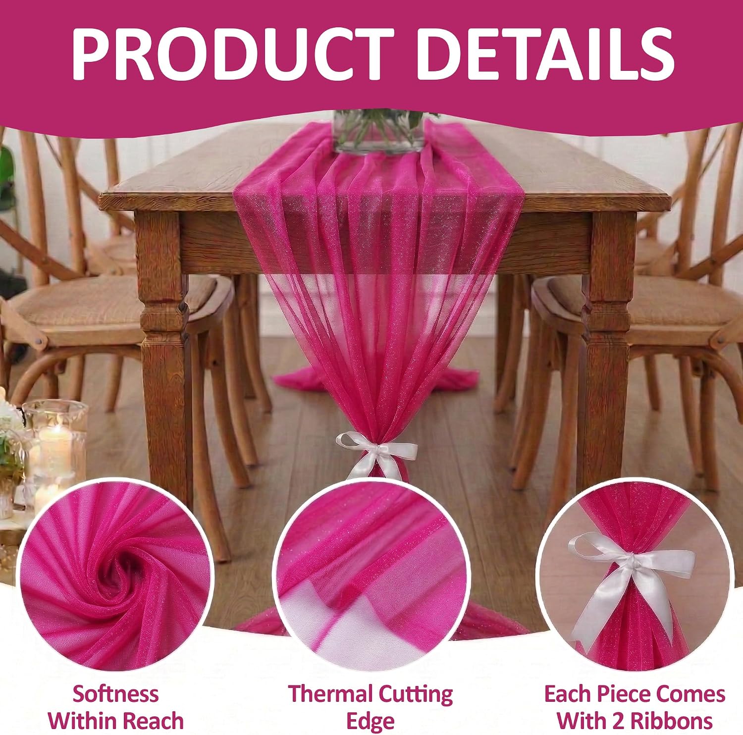MDS® Pack of 25, 14ft Chiffon Table Runner 29 x 170 Inches, Sheer Wedding Runner Romantic Rustic Table Runner for Wedding Decoration, Birthday Party, Bridal Shower, Party Arch Décor - Hot Pink