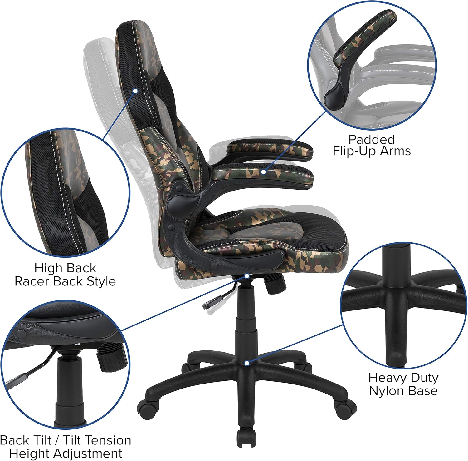 Flash Furniture Black Gaming Desk and Camouflage/Black Racing Chair Set with Cup Holder, Headphone Hook, and Monitor/Smartphone Stand