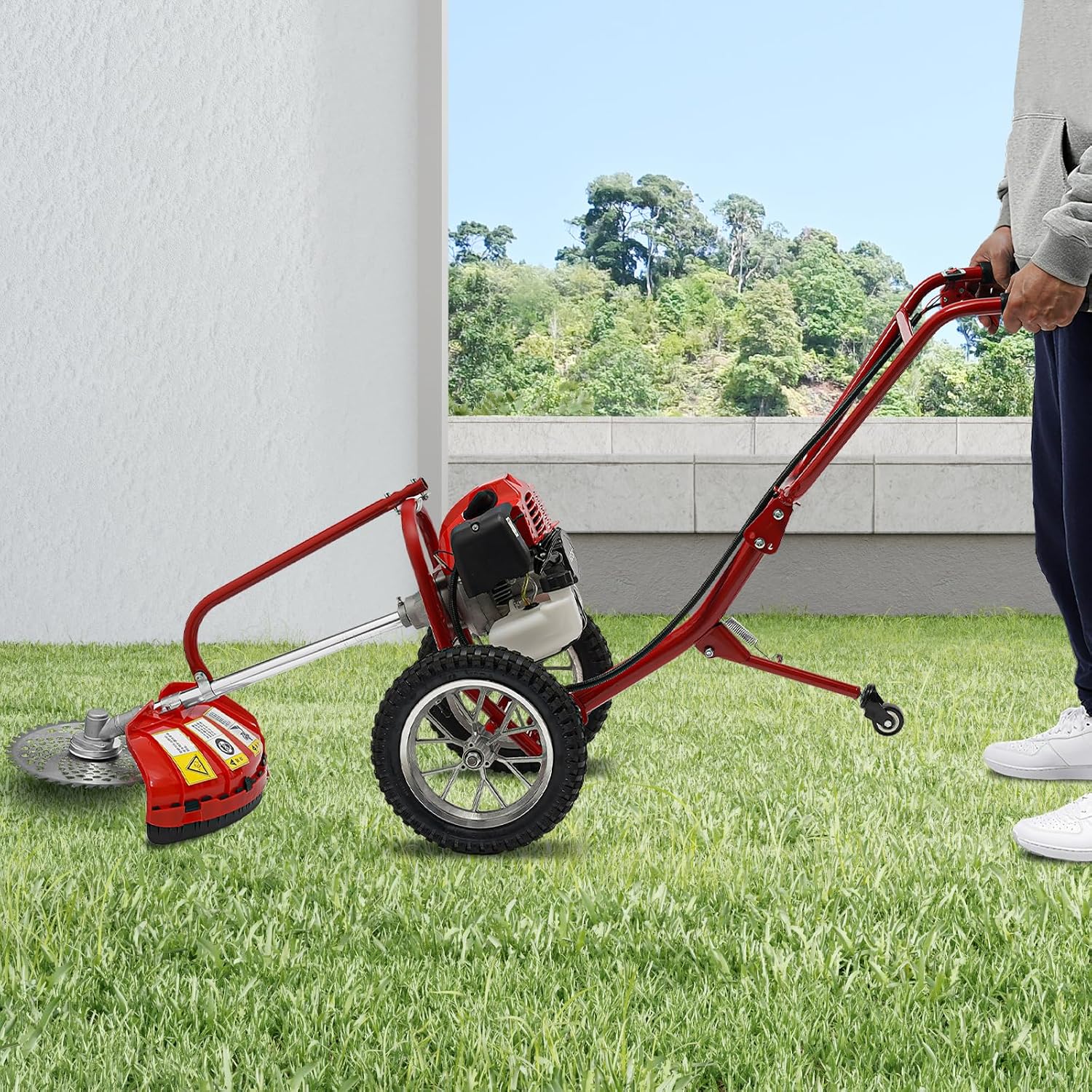 Hand Push Lawn Mower Trimmer, 49CC 2-Stroke Gas Lawn Mower, 1.8KW 6500-7000RPM 2-in-1 Lawn Mowers, 11.02in Cutting Width, Lawn Mowers Walk Behind Brush Cutter for Home Yards Gardens Small Farms