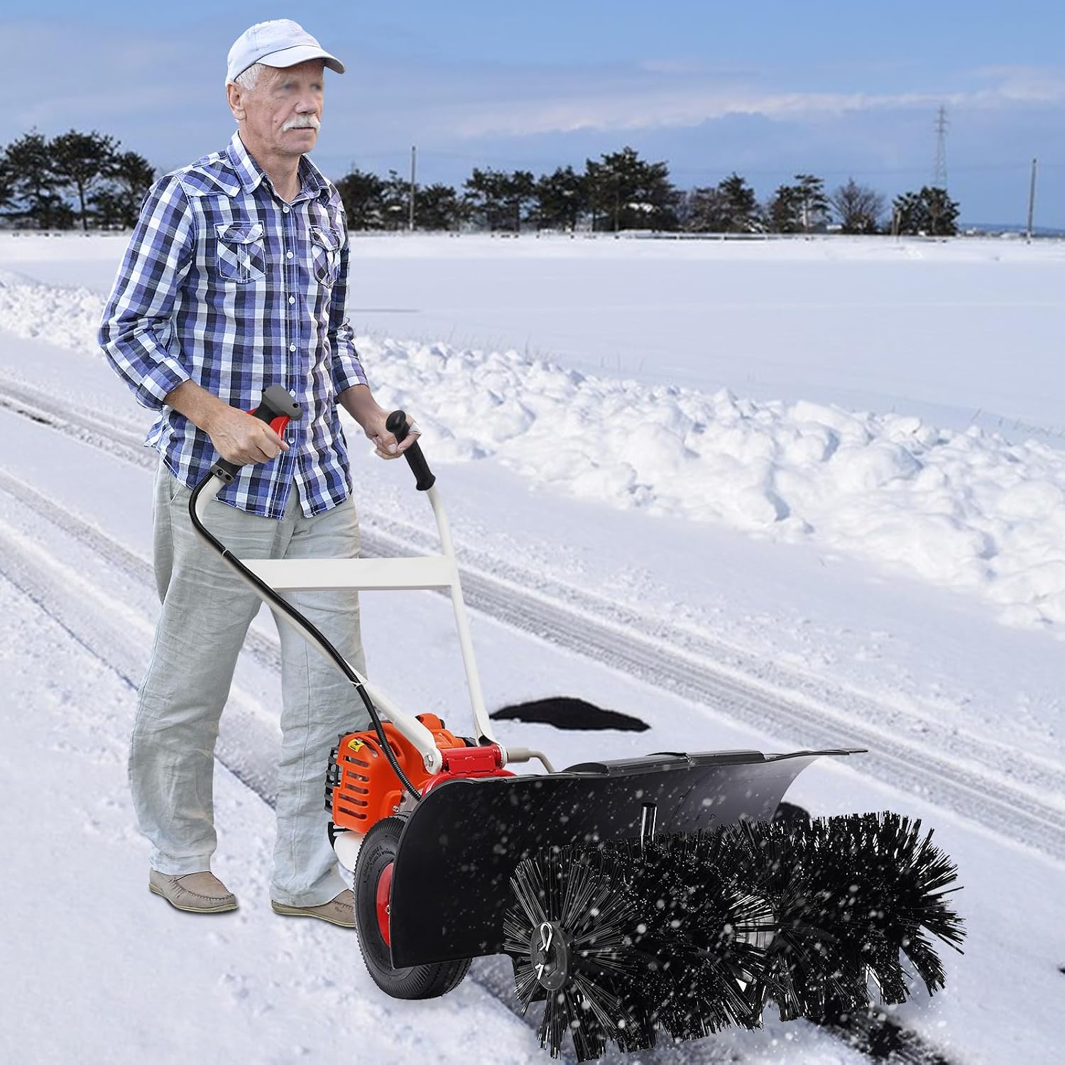 Hand Held Gas Power Broom,52cc 2.5HP Outdoor Hand Push Sweeper, Gas Power Walk-Behind Sweeper for Cleaning Snow Driveway Grass Lawn Garden