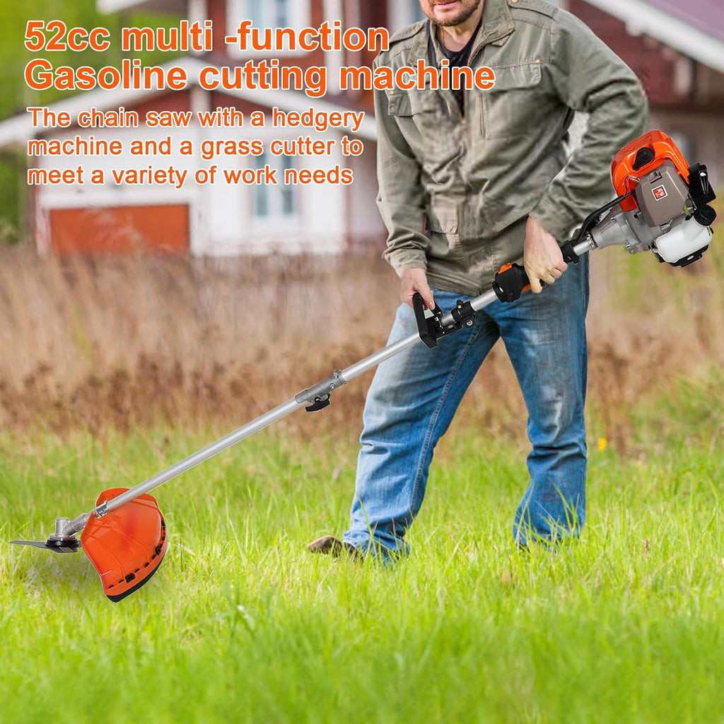 5 in 1 Lawn Mower,52CC 2-Stroke Gas Weed Trimmer,Cordless Hedge Trimmer,Brush Cutter,Handheld Chainsaw Weed Wacker with 1.2l Fuel Tank,2.3KW/8000-9500RPM Orange