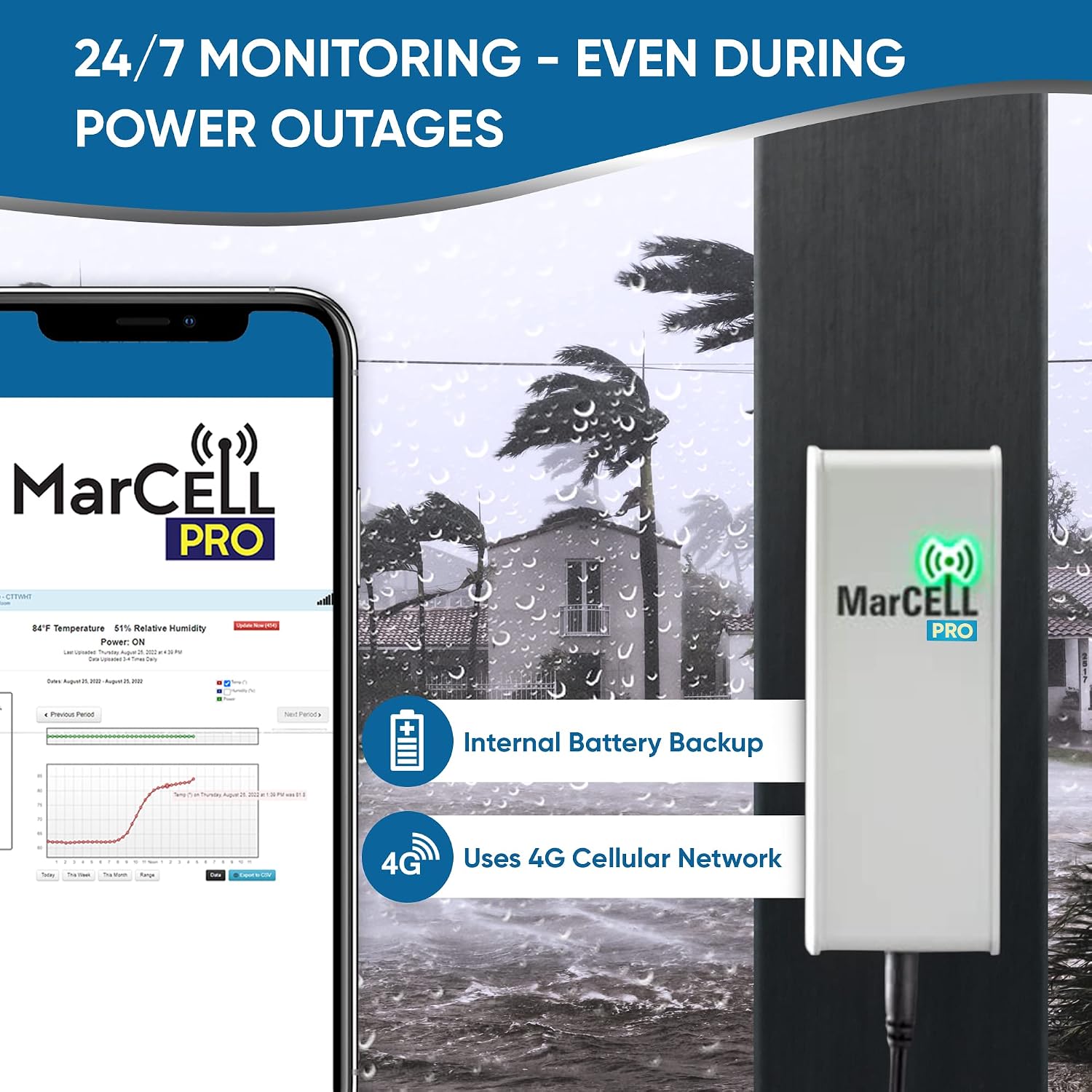 MarCELL PRO - Professional Level Remote Temperature, Humidity & Power Monitor - No WiFi Needed (Uses Verizon Network) - RV, Network Room, Freezer, Home - Instant Phone Call Alerts - Made in The USA