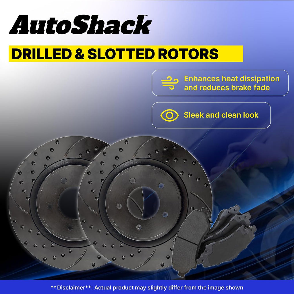 AutoShack Front & Rear Brake Rotors & Ceramic Pads for Toyota & Lexus, RAV4 2006-2008 HS250h 2010-2012, FWD 4WD L4 2.4L - E-Coated Drilled & Slotted - Black Finish - NightGuard