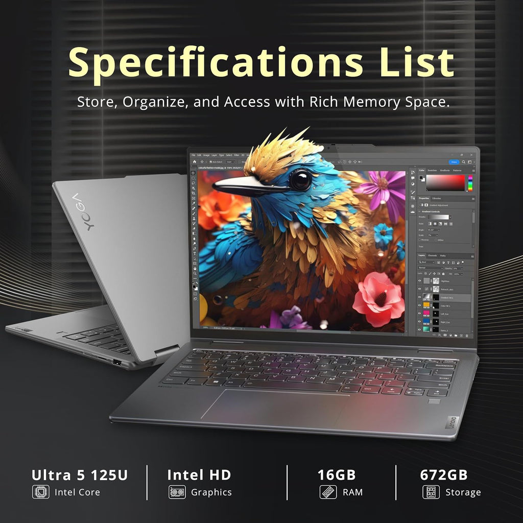 Lenovo Yoga 7i 14' 2K Touchscreen 2-in-1 Laptop, Intel Ultra 5 125U, 16GB RAM, 672GB Storage (512GB SSD+160GB Docking Station Set), Backlit Keyboard, Wi-Fi 6E, Fingerprint Reader, Win 11, Gray