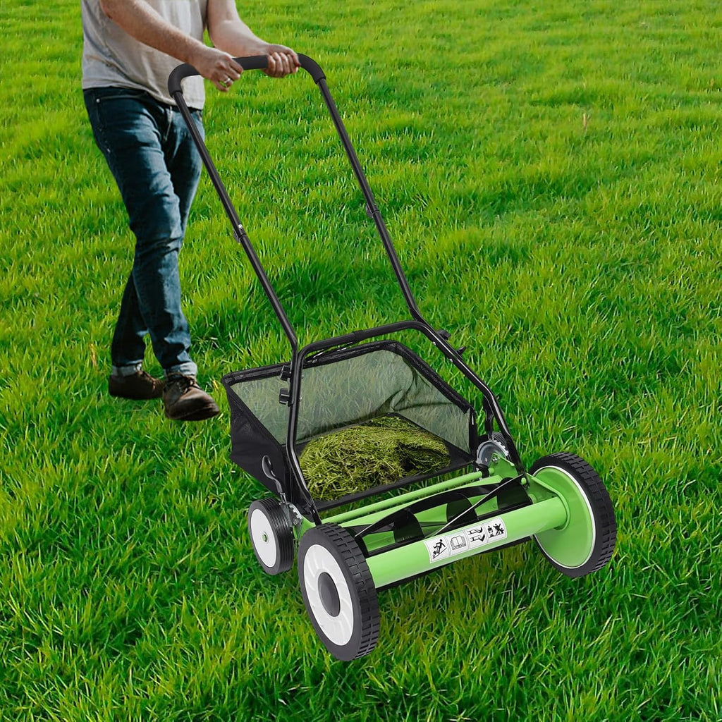 Wheeled 5-Blade Lawn Mower,16-Inch Manual Reel Mower Adjustable Handheld Weeder/Cutting,Push Lawn for Graden (Four Wheeled)