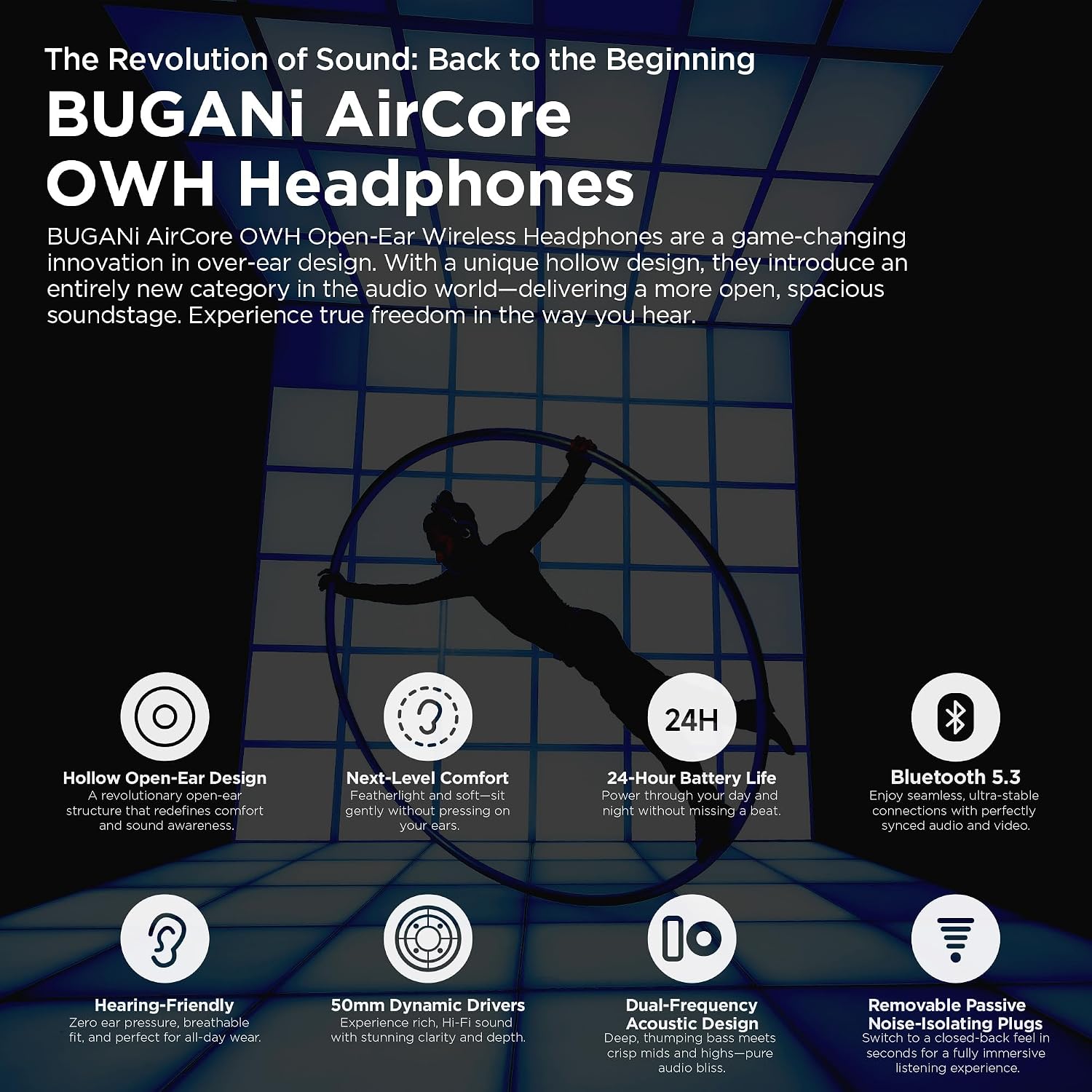 BUGANI AirCore Open-Ear Wireless Headphones: Bluetooth 5.3 Over-Ear Headset with Removable Noise-Canceling Ear Caps, Dual-Driver HiFi Sound, 27H Battery Life Comfortable Fit, Type-C Fast Charging