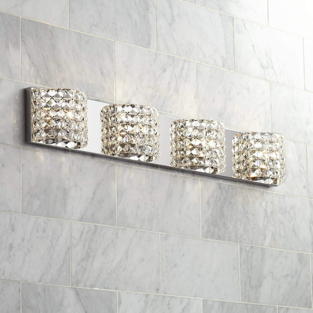 Vienna Full Spectrum Cesenna Modern Wall Light Chrome Silver Metal Hardwired 35 1/2' Wide 4-Light Fixture Mounted Clear Crystal Shades for Bathroom Vanity Mirror House Home Hallway Room Decor