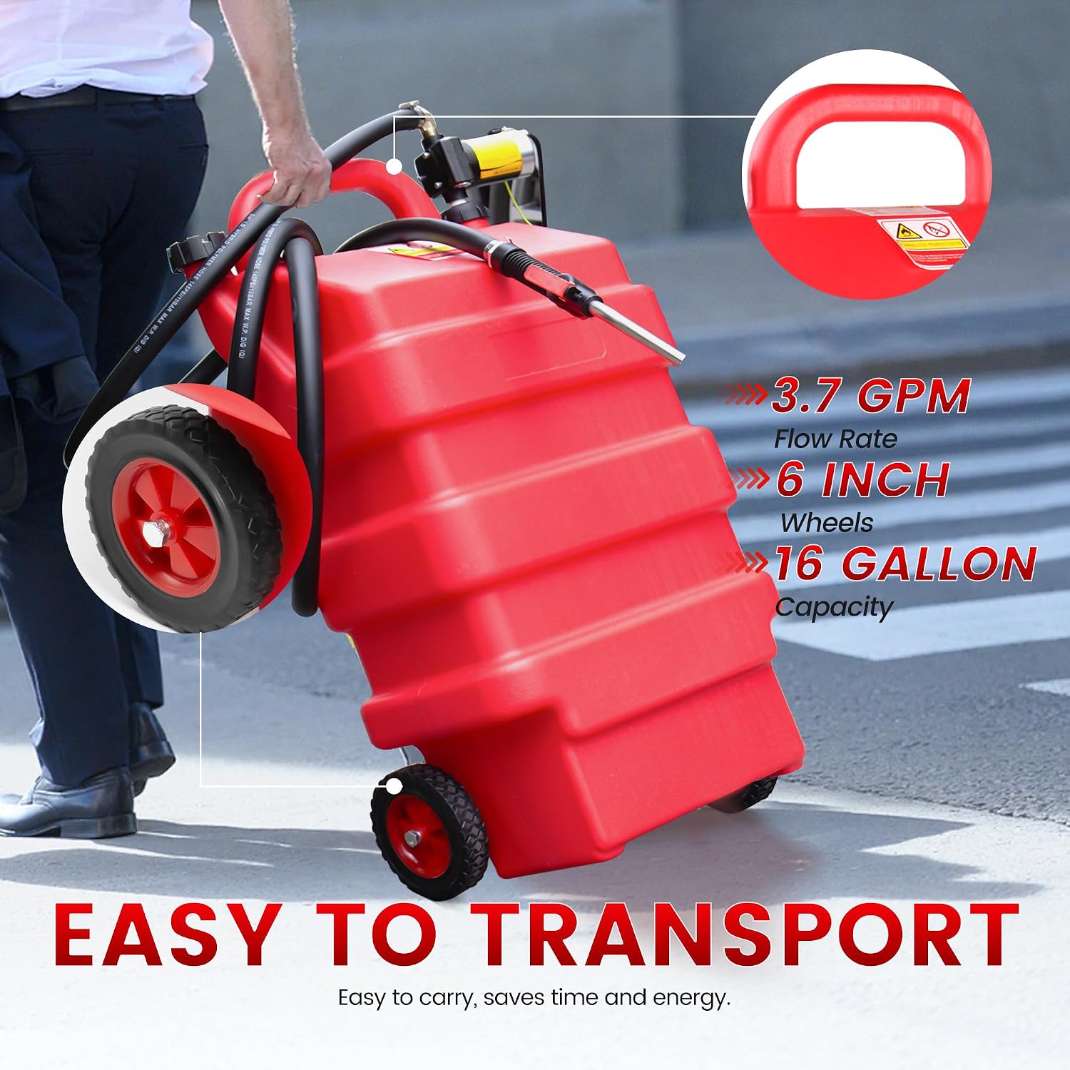 16 Gallon Fuel Caddy 2 Pack, 60L Fuel Transfer Caddy with 12V DC Pump and Wheels, Gas Caddy with Self-priming Transfer Pump, Gasoline Diesel Fuel Transfer for Cars, Lawn Mowers, ATVs, Boats & More (Pack of 2)