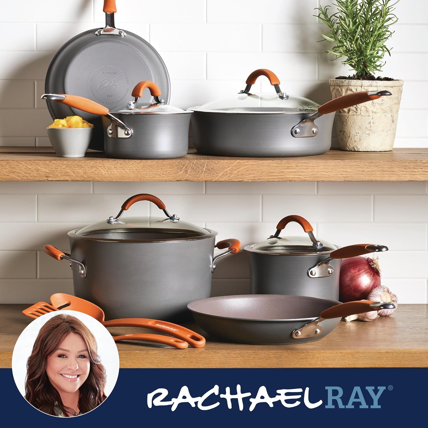 Rachael Ray Cucina Dishwasher-Safe Hard-Anodized Pots and Pans Set Non Stick Cookware, 12 Piece, Gray with Orange Handles