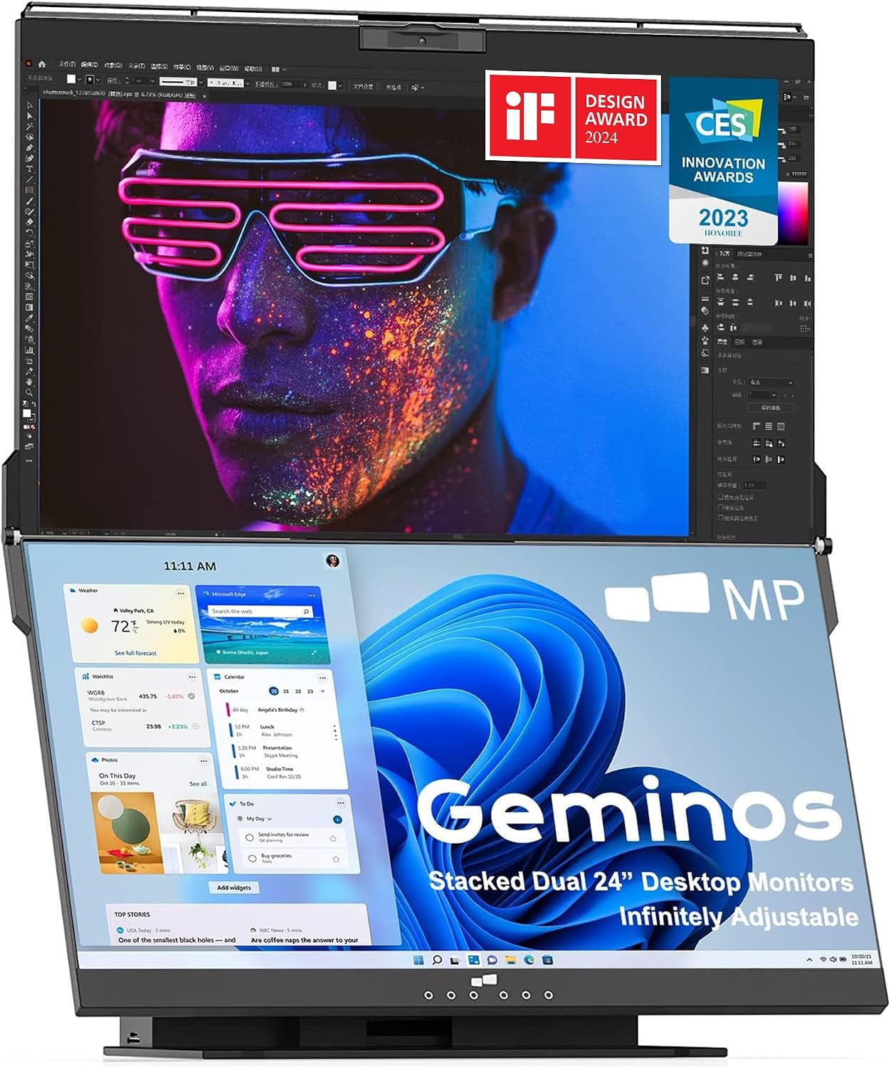 Mobile Pixels Geminos Dual 24' Stacked Computer Monitors with 1080P Webcam&Speakers, 65W USB-C Charging, All-Inclusive Vertical Desktop Monitor, HDMI/USB-A/USB-C, Infinitely Adjustable (2 Monitors)
