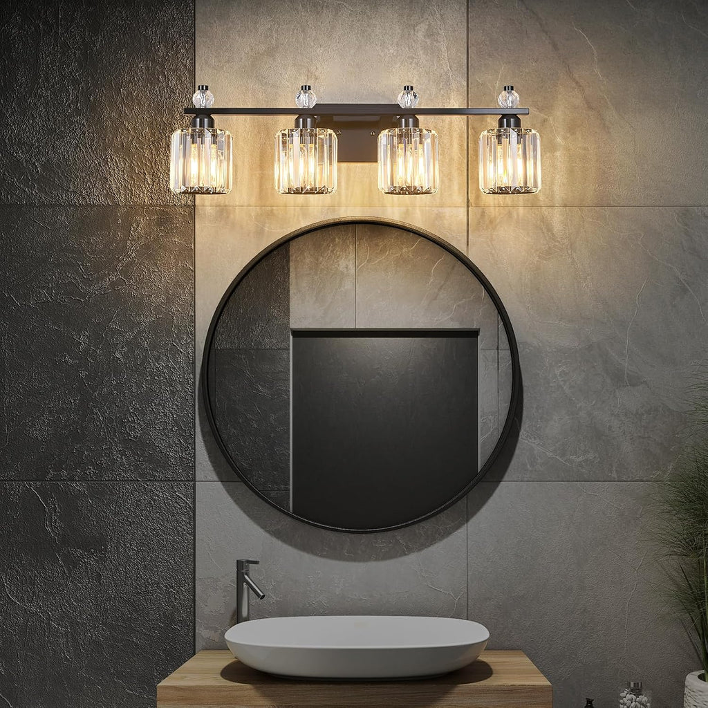 Bathroom Vanity Lights 4-Light Plating Black Modern Crystal Vanity Light Fixtures Over Mirror Crystal Bathroom Vanity Lighting Fixtures