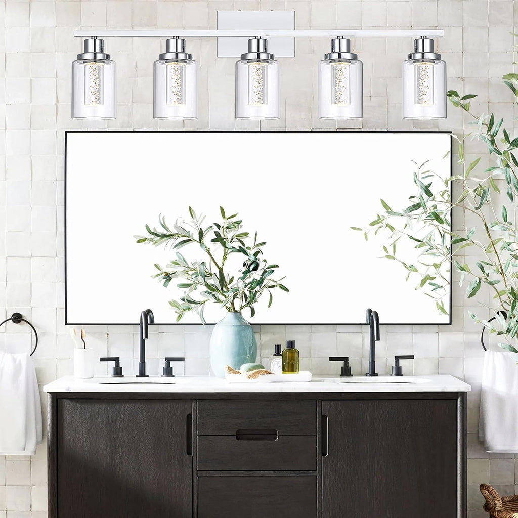 MELUCEE 5 Color Dimmable Bathroom Vanity Light Fixtures 5-Light Bath Wall Lights Modern LED Vanity Lights for Bathroom Chrome with Crystal Bubble Clear Glass Shade, Built-in LED Chips