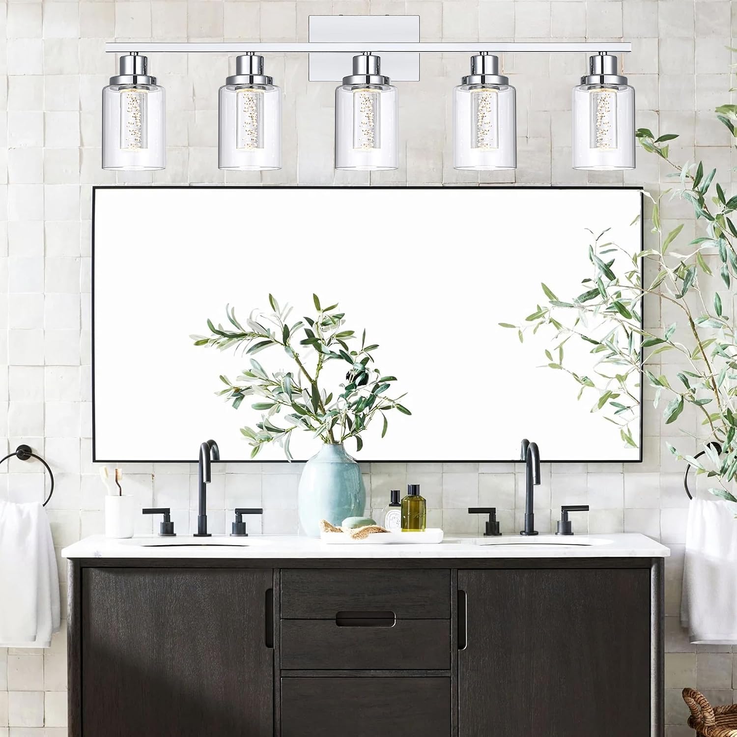 MELUCEE 5 Color Dimmable Bathroom Vanity Light Fixtures 5-Light Bath Wall Lights Modern LED Vanity Lights for Bathroom Chrome with Crystal Bubble Clear Glass Shade, Built-in LED Chips