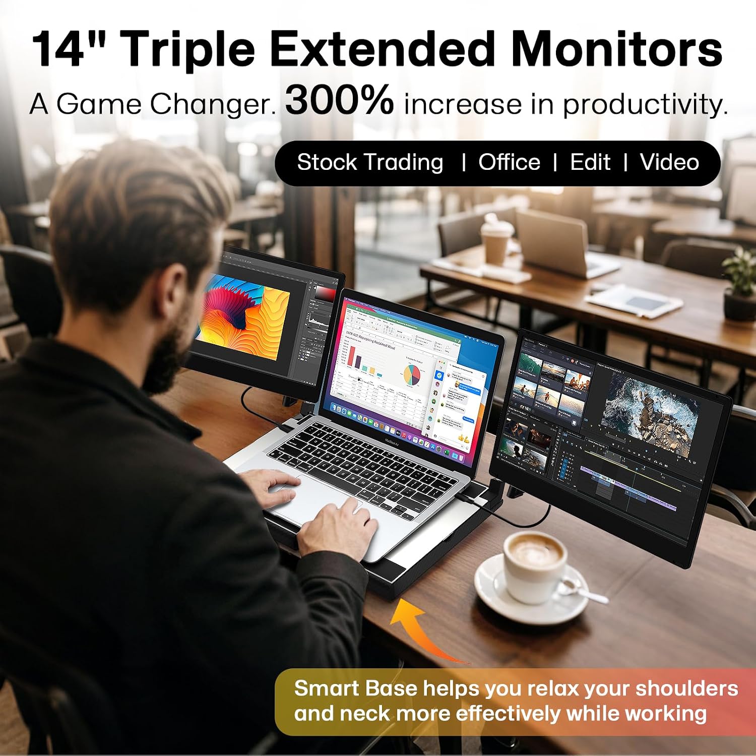 14' Laptop Screen Extender Smart Base - Upgraded Triple Portable Monitor FHD 1080P -300% More Efficient, 360° Rotation/Detachable Dual Display, Plug-Play USB C/HDMI,Laptop Monitor Extender for Win/Mac