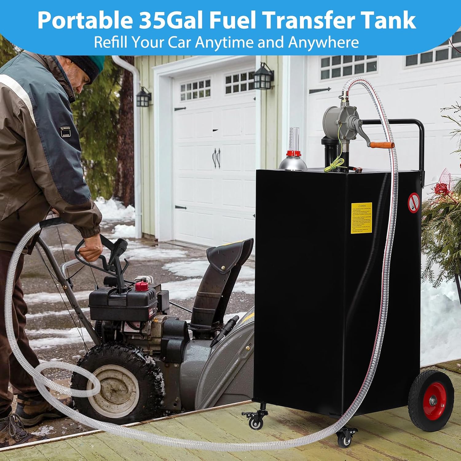 35 Gallon Portable Fuel Caddy with Manual Pump – Heavy Duty 4 Wheel Fuel Tank for Gasoline & Diesel, Mobile Fuel Storage for Trucks, Boats, Lawn Mowers & Farms – Black