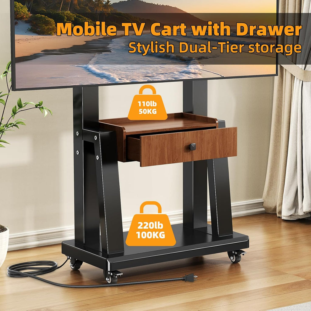 Rolling TV Cart with Power Outlet, Mobile TV Stand with Drawer and Wheels, Height Adjustable Mobile TV Cart for 23-75 inch,Screen Up to 150lbs,TV Stand for Bedroom,Indoor