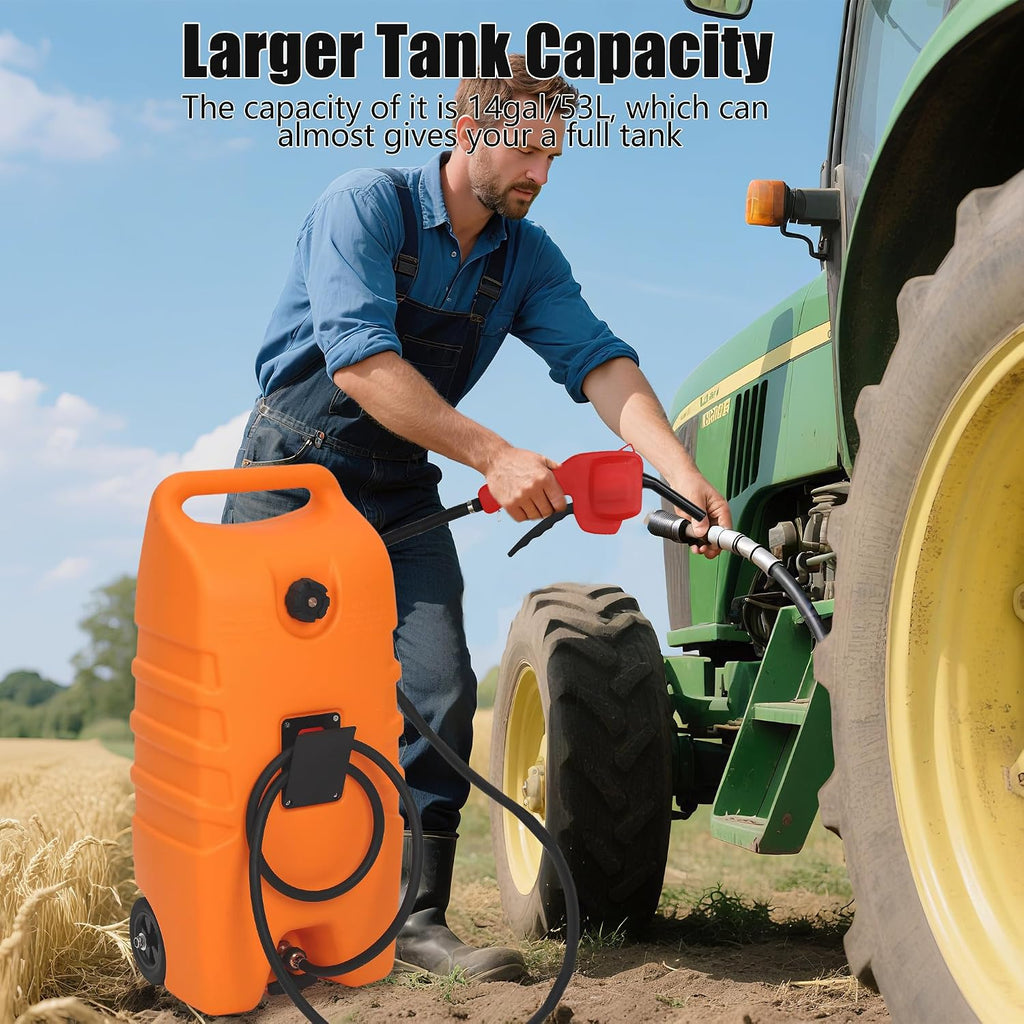 14 Gallon Fuel Tank, Portable Diesel Transfer Gas Can, Manual Transfer Nozzle, Fuel Container, Heavy-Duty Fuel Caddy for Car, ATV, Weeder, Boat, Orange