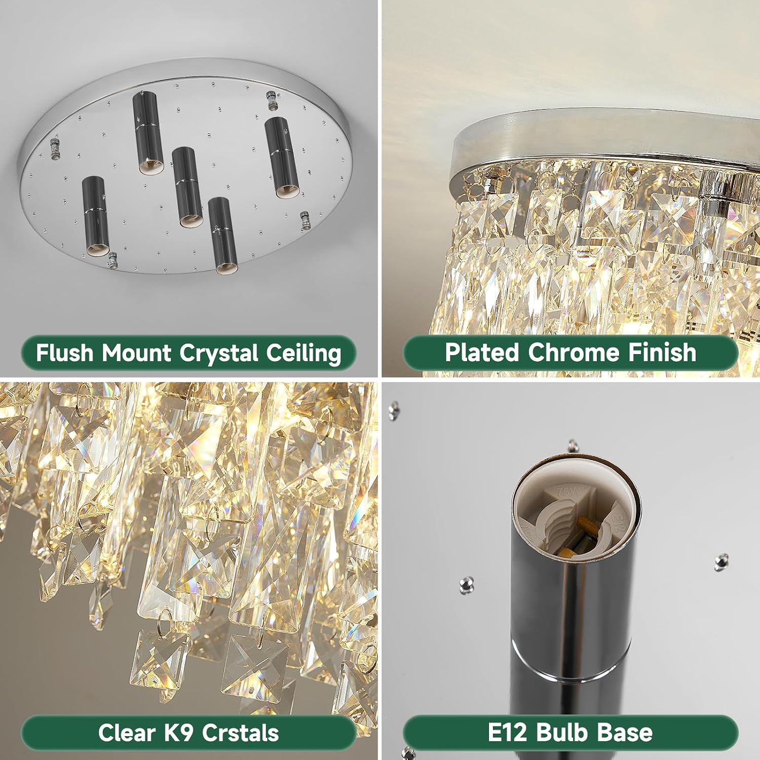 YMP&YZX Modern Chrome Ceiling Crystal Chandeliers,Diameter 15.7inch Semi Fulsh Mounted Chandelier Light Fixtures for Living Dining Room Bedroom Crystal Ceiling Fixture 5-Light