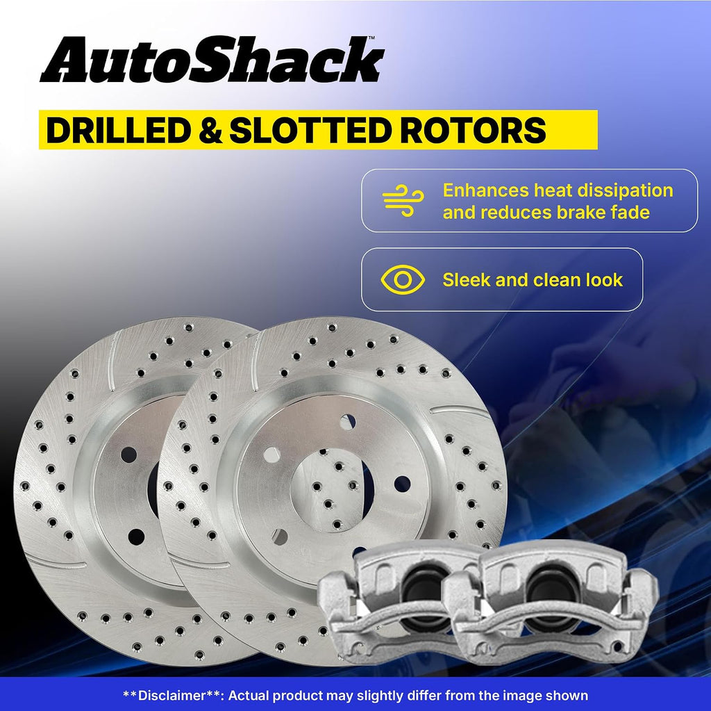 AutoShack Front & Rear Brake Rotors & Calipers for Honda, Civic 2006-2011, FWD L4 1.8L - Silver Zinc Coated Drilled & Slotted - SilverShield Pro