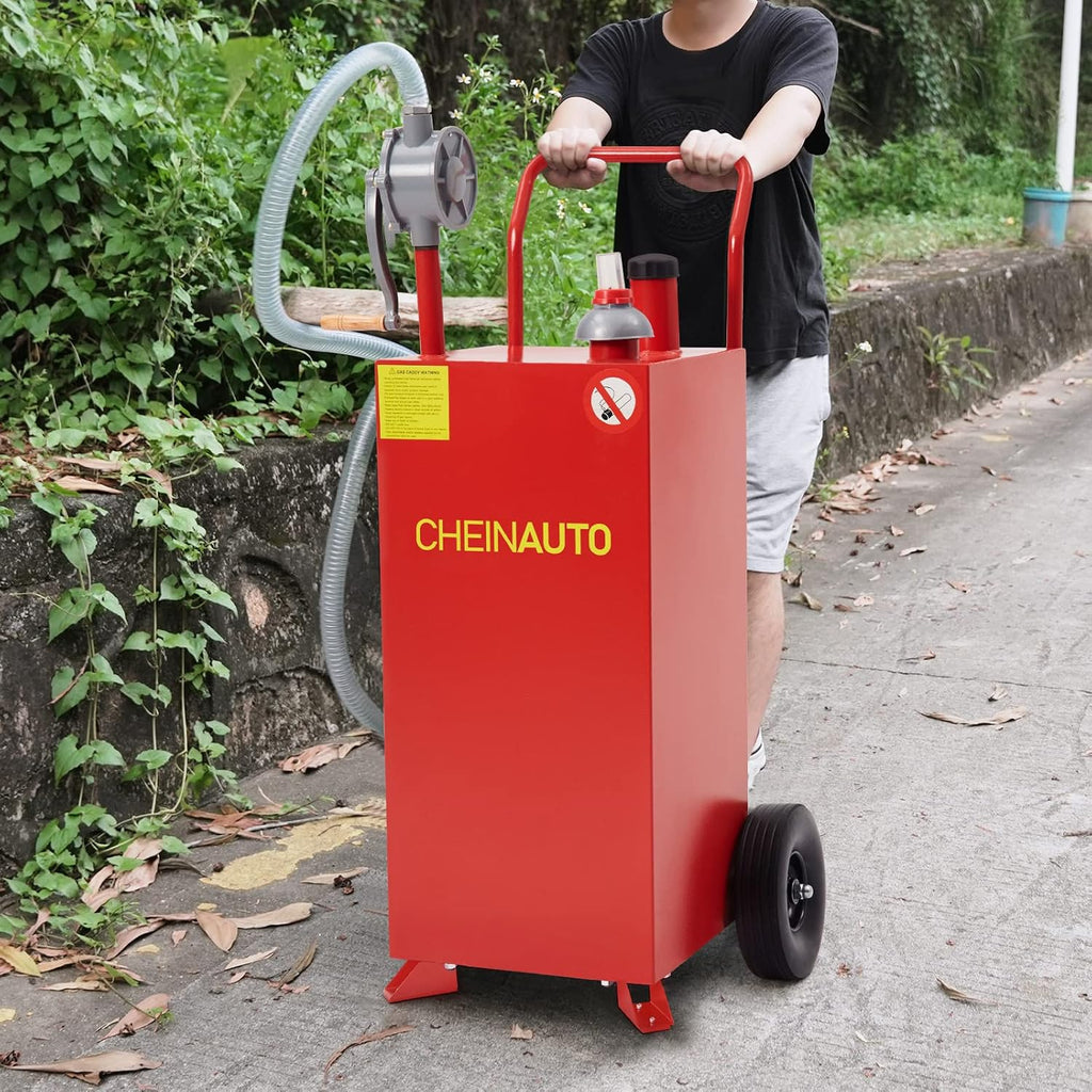 50 Gallon Fuel Caddy with Pump – Portable Gasoline & Diesel Storage Tank with Wheels, Manual Fuel Transfer Can for Cars, Trucks, Boats, Motorcycles, Lawn Mowers & ATVs – Red