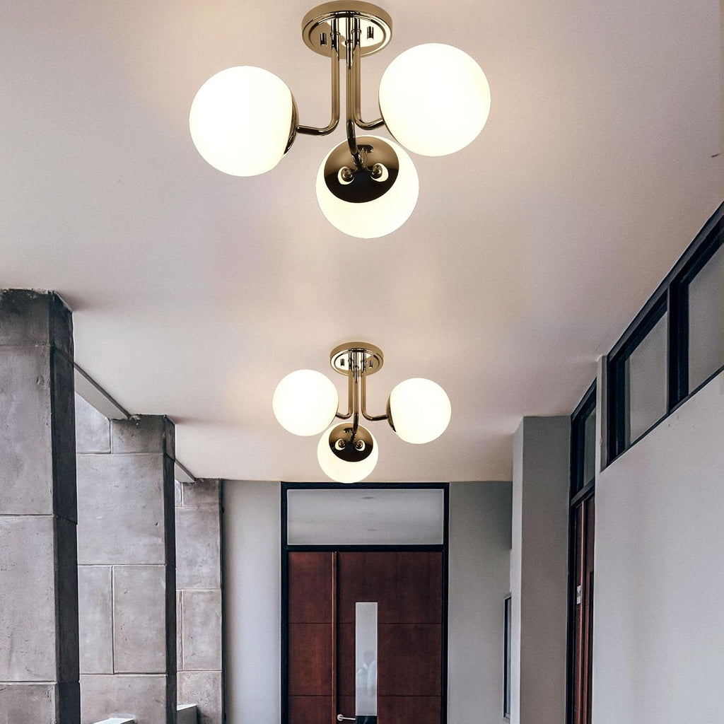 3 Light Semi Flush Mount Chrome Ceiling Light Fixture, Modern Globe Chandelier, Sputnik Farmhouse Lighting for Kitchen Bedroom Bathroom Living Room Corridor Laundry Room Bar